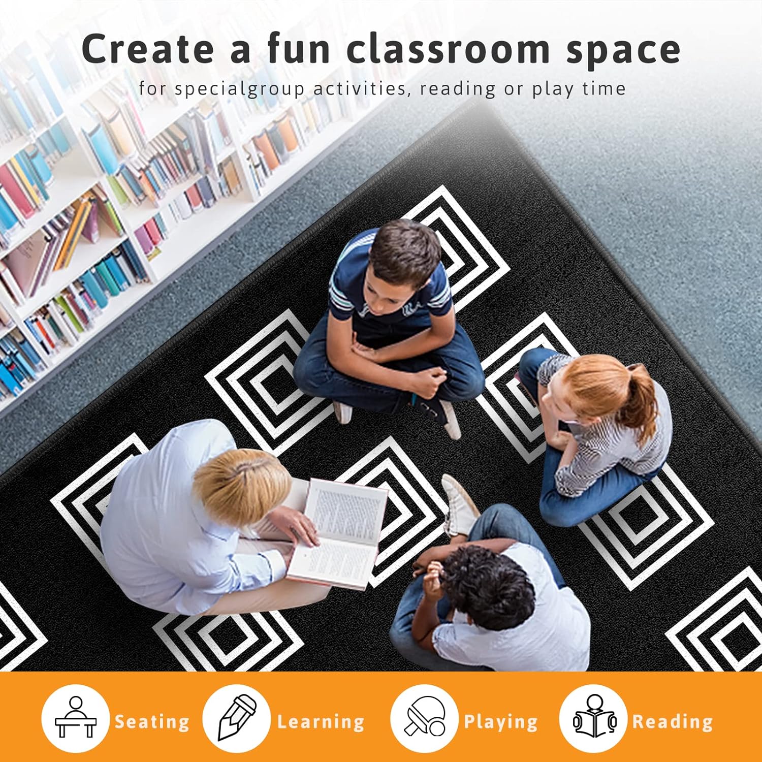 8'5"x6'5" Square Seating Classroom Carpet with 16 Seats Area Rug for School
