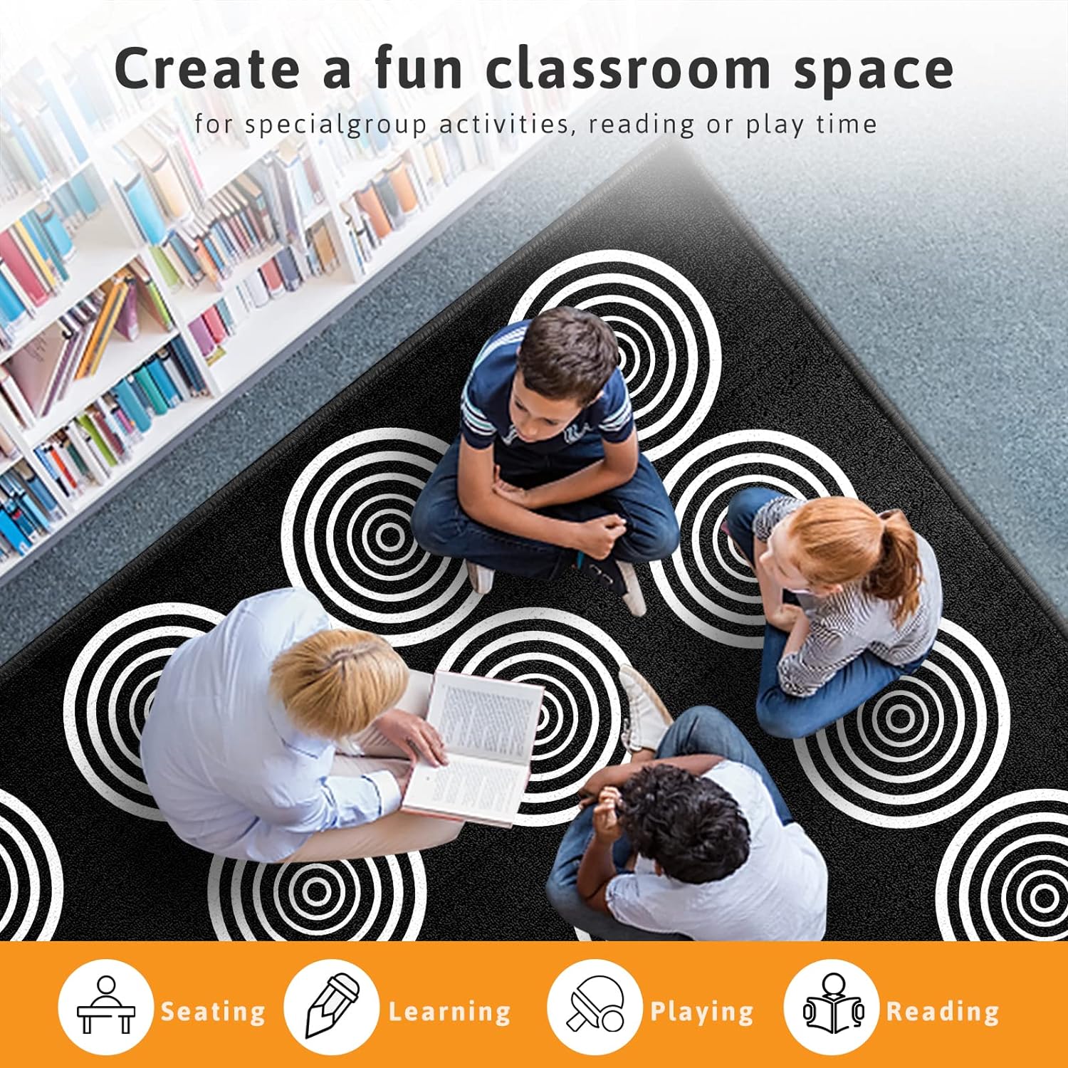 8'5"x6'5" Circle Sampler Seating Rug Black Classroom Rug with 16Seats Area Rug for School